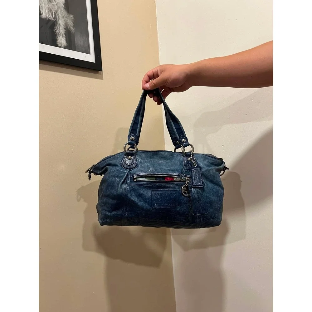Coach Poppy Storypatch Blue Metallic Leather Satchel Bag 15233